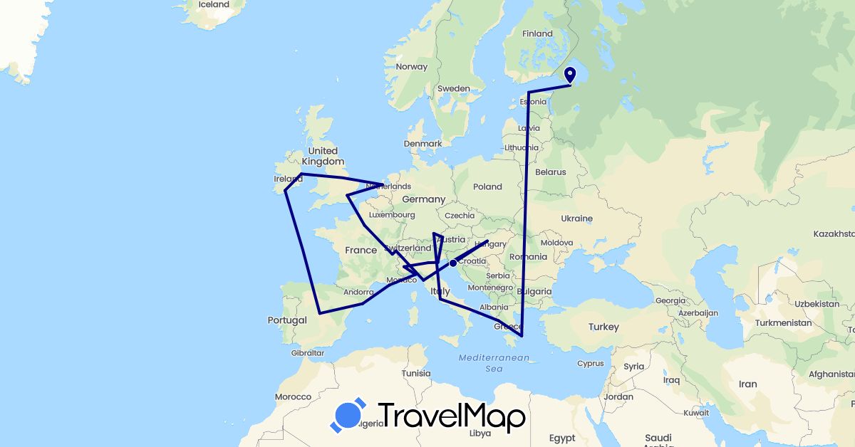 TravelMap itinerary: driving in Austria, Switzerland, Germany, Estonia, Spain, France, United Kingdom, Greece, Croatia, Hungary, Ireland, Italy, Netherlands, Russia (Europe)